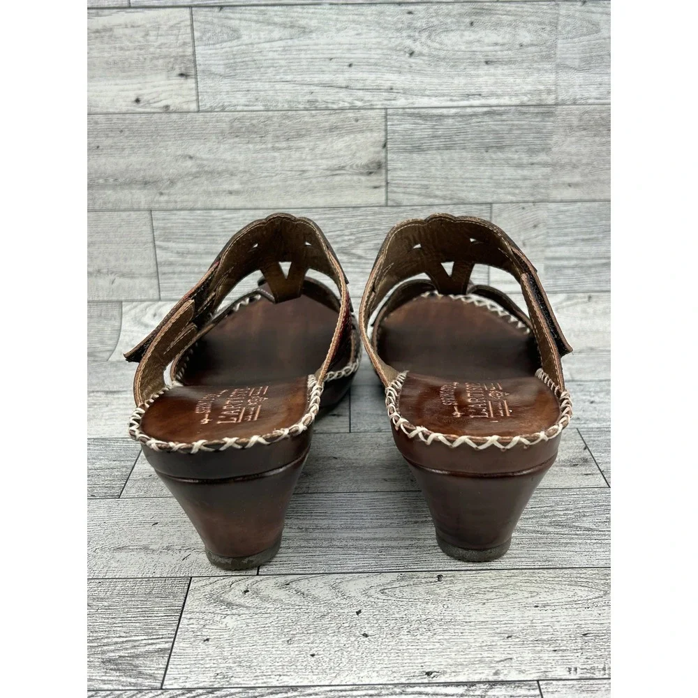 L Artiste Spring Step Sorriso‎ Brown Leather Wedge Sandals Hand Painted Women 39